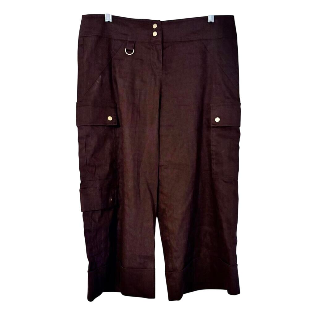 Vintage Y2K Cache Brown Linen Blend Cargo Cuffed Crop Pants Retro Gorpcore 8
